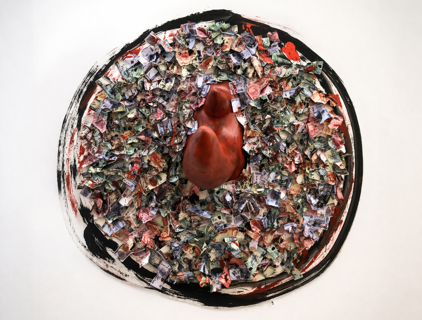 Circle of Life installation detail: red rhino horn emerging from a pile of currency