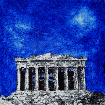 Jeong Jin-Yong 鄭真蓉｜The Blue Sky, Parthenon｜Acrylic gouache and crystal bead on canvas｜90 × 90 cm｜2008